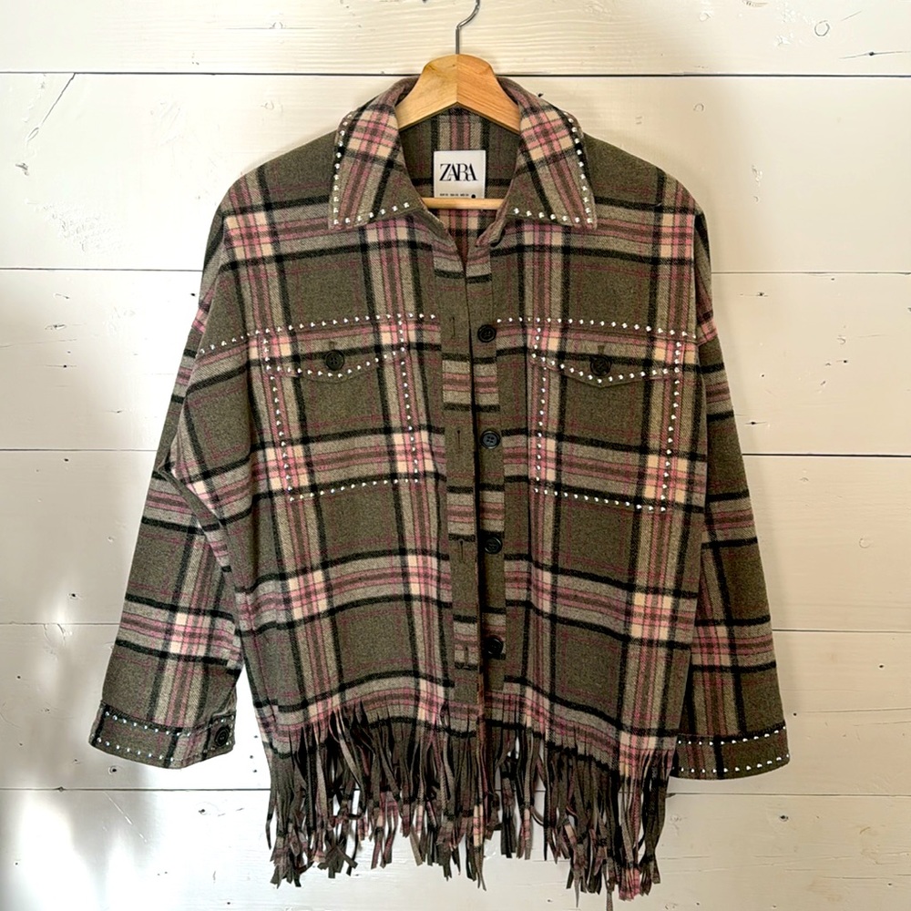 Zara Plaid Jacket with Fringe - Green and Pink